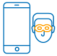 Icono enseñando un dispositivo móvil con una persona en mascara